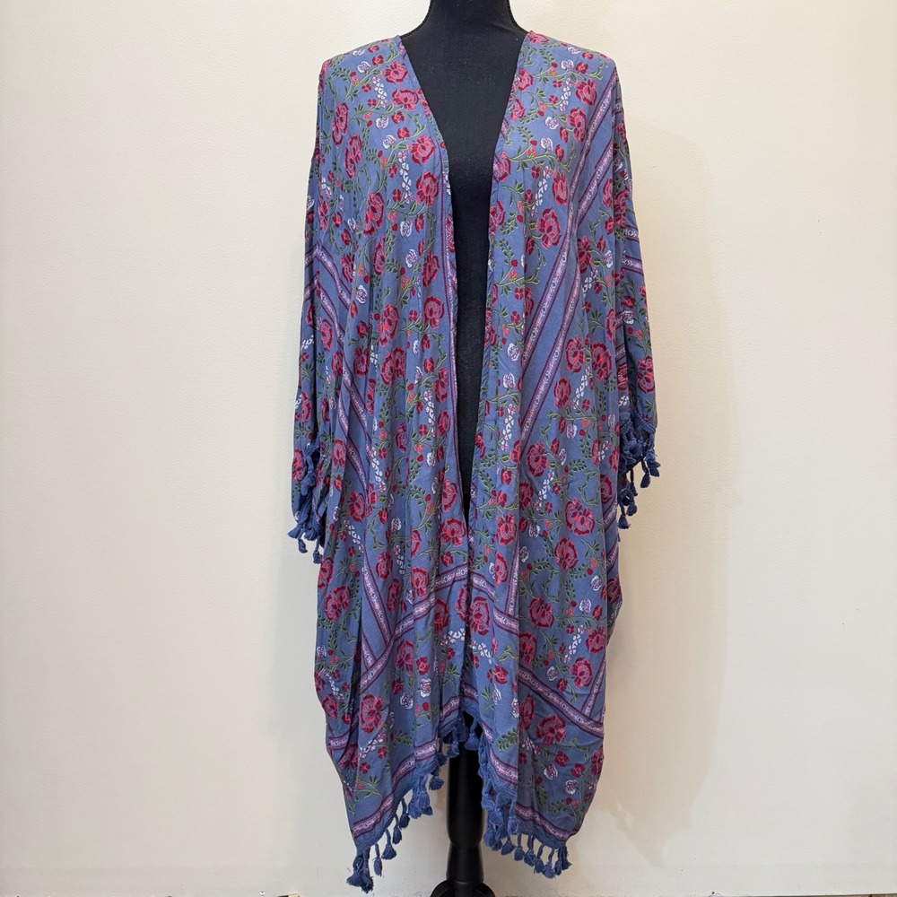 Adore Me Floral Kimono Wrap Blue Red Tassel Fringe Boho Cover Up Womens OS Robe